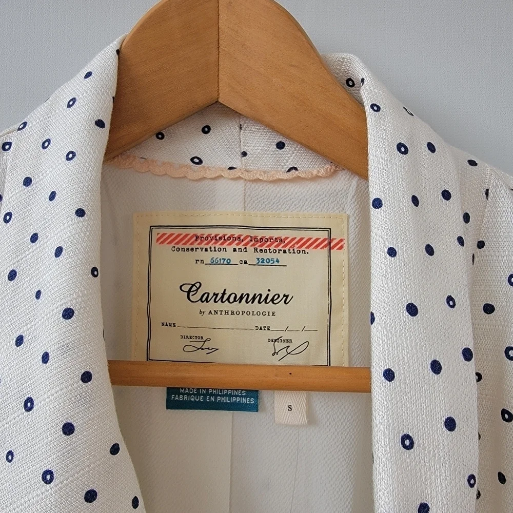 Anthropologie Cartonnier Polka Dot Blazer Size Small White Blue Bolero Jacket - Picture 10 of 16